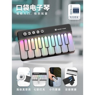 兒童迷你口袋電子琴，七彩燈光音樂鍵盤樂器，寶寶生日禮物, 1個, 七彩燈光口袋琴【黑色】配充電電池