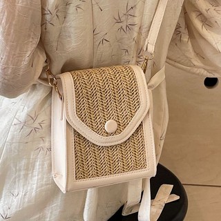 草編手機包女2025新款時尚編織單肩斜挎包, 米白色
