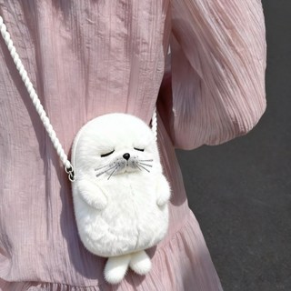 SENSAKIN 可愛毛絨海豹斜挎包 時尚百搭手提包 小眾通勤單肩包, 白色,熱賣中