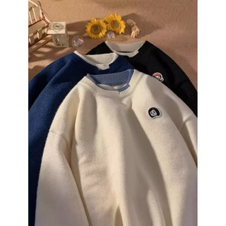 日系假兩件毛衣 秋冬寬鬆圓領針織衫 港風情侶款撞色上衣