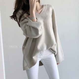 杜達女孩 獨家開版超柔羊絨混紡 V領 長袖 中長版 針織毛衣 寬鬆顯瘦