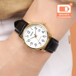 카시오 남성 패션 정장 가죽 데일리 방수 아날로그 손목시계 + 배터리 바우처