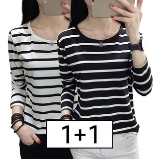 여성용 스트라이프 디자인 라운드넥 긴팔 티셔츠 슬림핏 몸매 봄 가을 인테리어 언더웨어 다양한 용도 활용 가능 세련 패턴 캐주얼 데일리룩 포멀 1+1