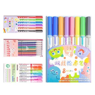 果凍雙線輪廓筆 手帳筆 美術筆 塗鴉輪廓筆 雙色筆 海報筆 螢光筆, 1箱, 輪廓筆全套組, 4款