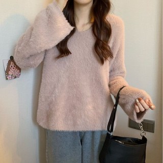 韓系溫柔風仿水貂絨毛衣 V領寬鬆針織衫上衣