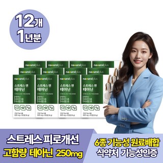 피로 스트레스 관리 개선 L-테아닌 홍경천추출물 마그네슘 비타민 영양제, 60정, 12개