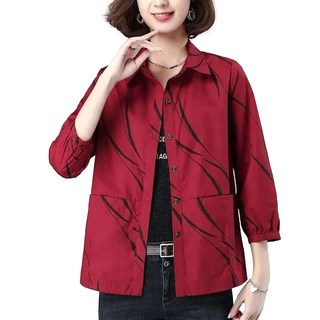 ROYALBELLE 여성 캐주얼룩 카라넥 자켓 통근 패션 루즈핏 숏 외투 상의 엄마옷 V42509