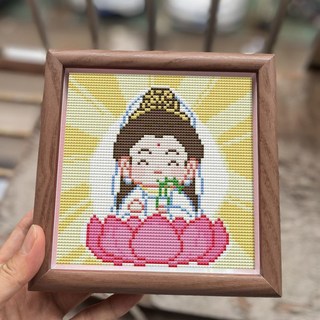 財神十字繡小件桌面擺臺手工DIY簡單刺繡自己繡, 觀音-中格3股繡-滿繡,【無框 無元寶】+工具, 1個