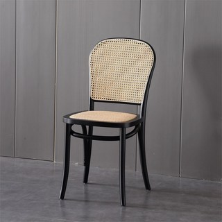 複古藤編靠背椅 輕奢實木餐椅 咖啡廳餐廳家用休閒椅, 櫸木 黑色 藤蓆座, 1個