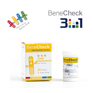 베네첵 3in1 측정기(요산+ 콜레스테롤+ 혈당) 자가진단 가정용 휴대용 디지털 방식, 콜레스테롤검사지, 25개
