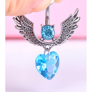 藍鋯石翅膀肚臍環 肚臍扣 歐美風 鈦鋼防敏 愛心翅膀造型, 1個, 現貨