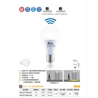 (A Light)保固2年 全天候感應 舞光 LED 12W 感應燈泡 人體感應 微波感應燈泡 感應球泡 車庫燈 陽台燈, 黃光, 1個