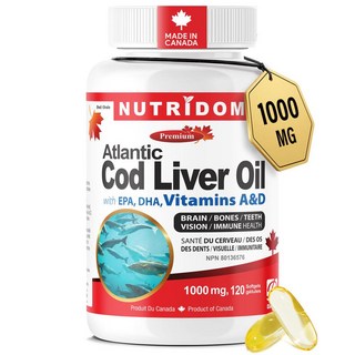 캐나다 뉴트리돔 NUTRIDOM Atlantic Cod Liver Oil 대서양 대구 간유 1000mg 생선 젤라틴 소프트젤, 3개