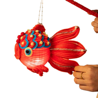 竹編錦鯉燈籠︱新年 元宵節 手提發光 花燈 金魚燈 兒童手工DIY材料包 手作材料包︱麥手作, C海棠紅-橫款, 1個