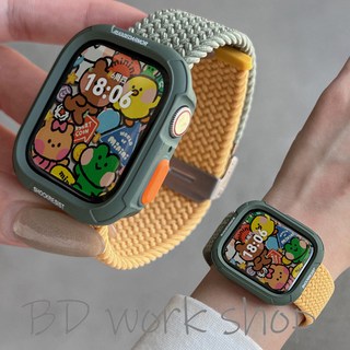 蘋果手錶錶帶 防摔錶殼 撞色尼龍編織錶帶 Apple Watch S11 iWatch 10 錶帶 9 8 7 6 SE, 星光拼粉【送粉色防摔軟殼】,44mm【適用SE/6/5/4代】, 1個