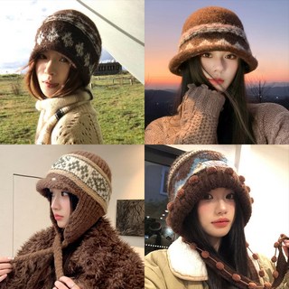費爾島風針織帽子 女款冬季保暖巴拉克拉法帽 東北旅遊防寒包頭毛絨帽