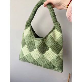 嗨購 春天配色包包解悶手工編織diy材料包 毛綫鈎針春遊菱形格子拚接包diy 毛線針織 手作材料包 鉤織毛線, 包包材料包+教程, 1個