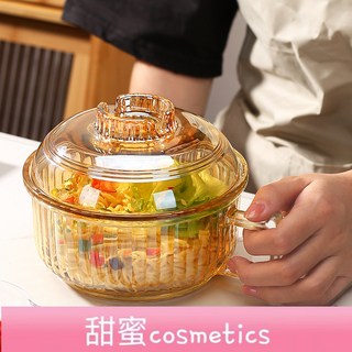 【甜蜜cosmetics】高顔值ins多功能玻璃碗 泡麵碗 帶蓋帶把手防燙 家用湯碗飯碗 大容量, 透明色-1只,碗15*7+蓋13.8*4.5, 1個