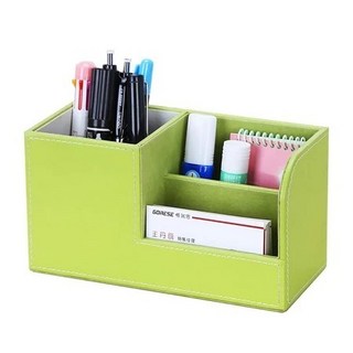 Sunday多功能真皮桌面文具收納盒，創意筆筒遙控器收納，辦公室桌面整理收納盒, 1個, Pu 綠色