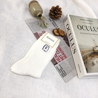 HanVo 可愛小動物刺繡純白中筒襪 螺紋刺繡韓國襪子 韓系襪子 白襪 女襪 中筒襪 女生配件