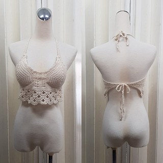 SISI附胸墊鏤空幾何流蘇削肩無袖綁帶掛脖繞頸露背短款背心上衣小可愛渡假波西米亞