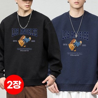 1+1(2장세트)스타일아유 남성용 맨투맨 빅사이즈 95-120까지 오버핏 가을겨울 로스앤젤레스 레터링 베어프린팅 320G면질 티셔츠 TS3804