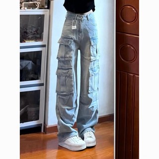 美式口袋工裝褲工裝牛仔褲2025街頭複古休閒新款水洗直筒寬鬆潮