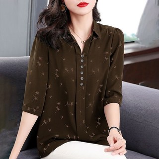 ROYALBELLE 여성 빅사이즈 버튼 장식 7부소매 카라넥 셔츠 중년 엄마옷 프린팅 블라우스 M0070705