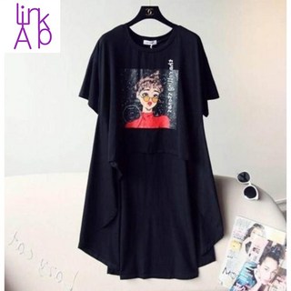 링크어패럴 여성 앞뒤 언발란스 캐릭터 프린팅 루즈한 오버핏 롱 반팔 티셔츠