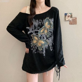 大碼美式蝴蝶貼佈露肩長袖T恤女春秋季新款寬鬆顯瘦綁帶上衣