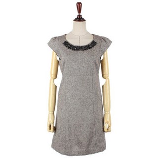 정품발송 울모직 트위드니트 보석 비즈 라운드넥 캡소매 원피스 베이지 갈색 투톤 짜임 벌룬 퍼프 A라인 미니 페미닌 360127