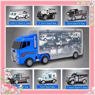 比比小舖 兒童手提工程車 收納貨櫃車 滑行拖車 大貨車 運輸車 汽車玩具 生日聖誕禮物, 1個, 藍色-特警車隊