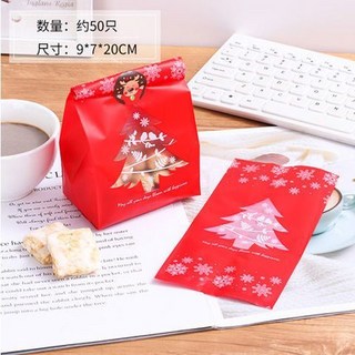 聖誕禮品袋 磨砂包裝袋 聖誕樹雪花圖案 糖果袋 50入裝, 1個, 聖誕樹紅色（50個）不含貼紙