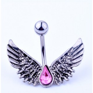 R1 現貨 翅膀水鑽造型肚臍環 鈦鋼 翅膀 飾品 水滴 粗針 肚臍釘 醫用鋼 防過敏, 1個, 現貨--粉紅色