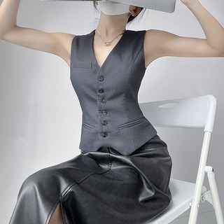灰色修身無袖西裝馬甲外套 女春夏短款露臍V領坎肩上衣