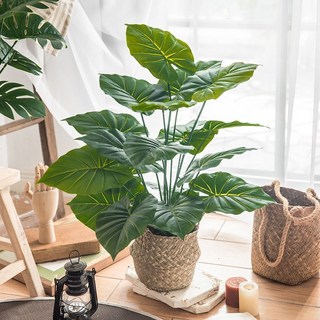 【Sunday】仿真龜背葉盆栽，藤編花籃龜背芋，客廳仿真植物擺件, 70釐米滴水觀音（送籃子）, 1個