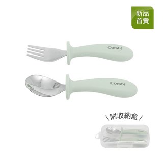 Combi 康貝 鉑金矽膠學習吸盤碗 (熊貓/恐龍) 不鏽鋼學習叉匙組 (附收納盒) 寶寶餐具 兒童餐碗 不鏽鋼餐具, 1個, 不鏽鋼學習叉匙組-綠