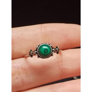 孔雀石S925銀戒指 - 可愛復古帶眼活圍天然孔雀石