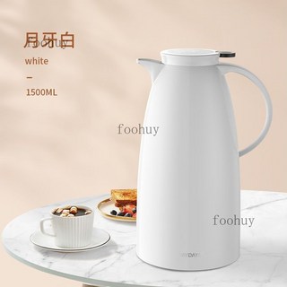 保溫水壺 開水壺 玻璃內膽保溫壺 大容量保暖壺 家用按壓鷹嘴保溫壺玻璃內膽熱水瓶白色, 1.5升月牙白【 燙金壺墊】