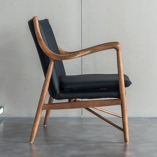 北歐白蠟木實木休閒椅，洽談會客扶手椅子, 胡桃色+黑色皮, 詳見包裝