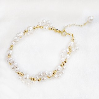 Gulicc 珍珠手鍊，雙層設計金色點綴，可調節長度，優雅氣質