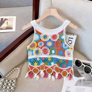 復古風 針織背心 民族風圖案 鏤空設計 甜美流蘇短款吊帶上衣