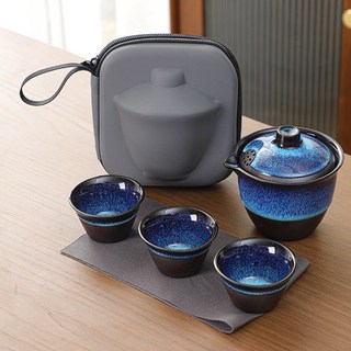兔毫窯變旅行茶具套裝便攜式一壺三杯陶瓷快客杯商務活動伴手禮品, 兔毫旅行茶具一壺三杯-便攜包, 1個