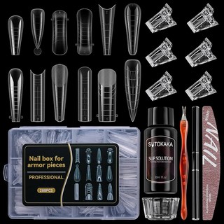 SUTOKAKA 288Pcs 폴리겔 네일 폼 키트 12 스타일 사이즈 재사용 가능한 연장 몰드 듀얼 6Pcs 클립 슬립 솔루션 브러시 펜 파일 및 초보자용 큐티클 푸셔 포함, Clear, 12-288, 1개