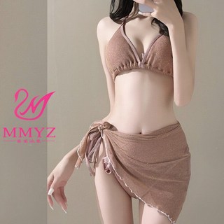 MISS·更衣室 性感比基尼三件套 立體花朵裝飾 韓系泳裝 沙灘寫真拍攝, 1825咖啡色,此款爲均碼