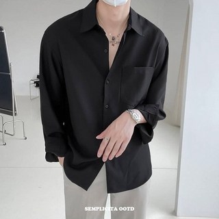 SEMPLICITA 韓國基本款親膚透氣口袋襯衫，抗皺長袖襯衫，寬鬆版型男女皆可