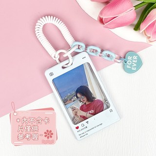 ins 防丟鑰匙圈卡套 明星小卡/4吋拍立得/悠遊卡/學生證/工作證/感應卡/門禁卡套, 1個, 藍色對話框-雙圈彈簧繩
