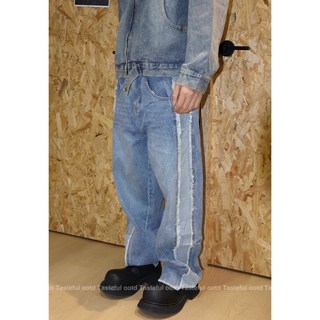 Tasteful_tw 韓國設計感毛邊層次刷色拼接微寬落地修身直筒牛仔褲長褲