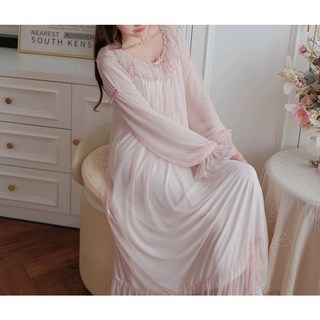 쁘띠리본 소녀 쉬폰 레이스 프릴 롱 긴팔 원피스 홈웨어 공주님 잠옷 빅사이즈 봄 여름 파자마파티