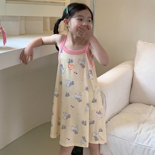 BabyBear 女童冰絲涼感吊帶連身裙 碎花米兔圖案輕薄洋裝 兒童夏季居家服